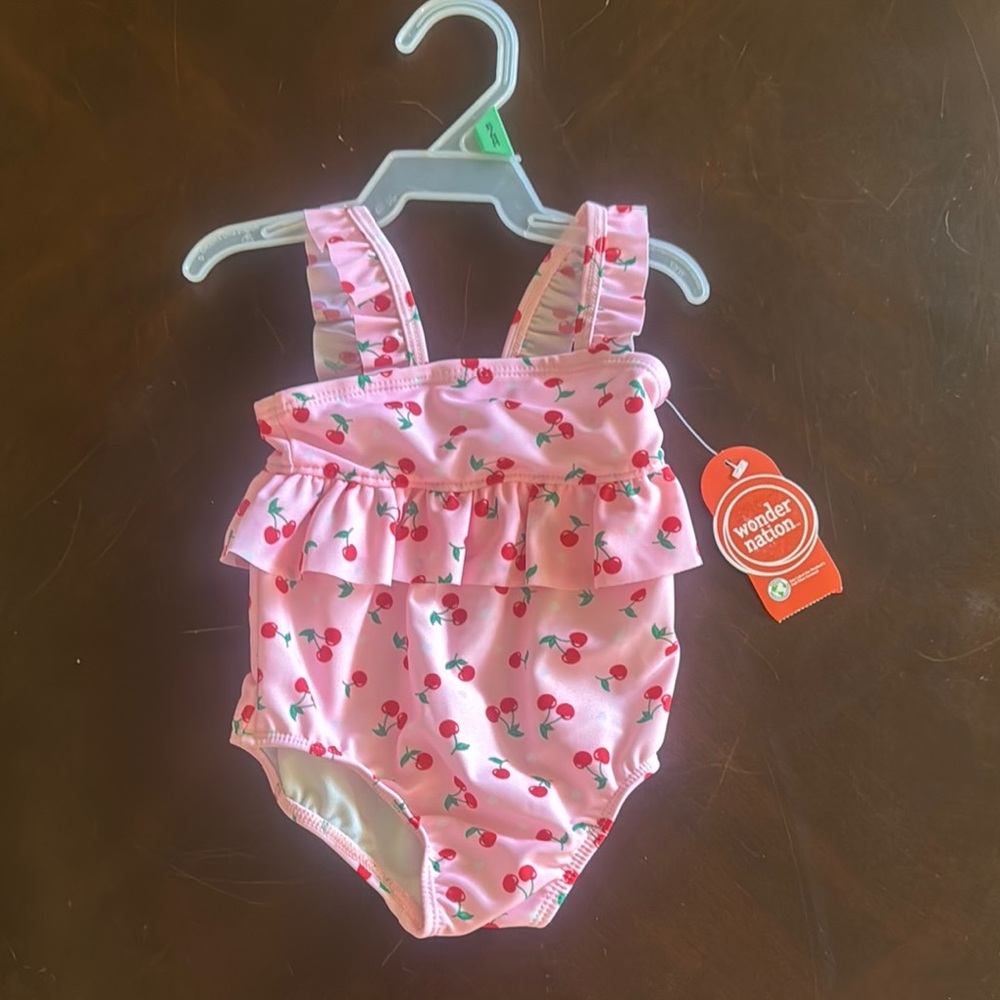 Wonder Nation Pink Cherry Baby Swimsuit with Ruffles